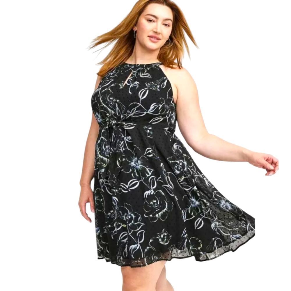 TORRID 4XMini Clip- Dot Chiffon Floral Halter Keyhole Dress with pockets NWT